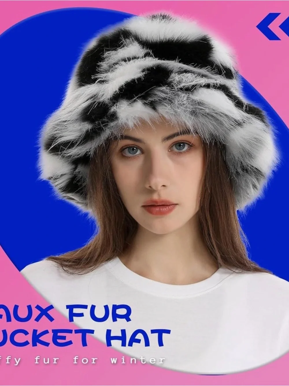 Faux Fur Bucket Hat - Black & White